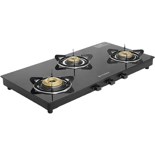 Faber Faber Spark 3BB BK| Easy Maintenance| Anti-Skid Feet| Brass Burners| Glass Manual Gas Stove (3 Burners)