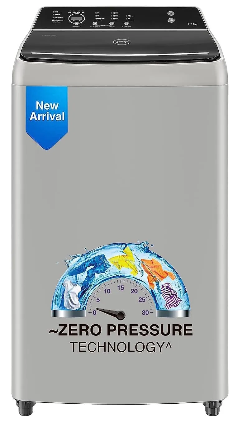 Godrej 7 Kg 5 Star Zero Pressure Technology Fully-Automatic Top Load Washing Machine Appliance With 26 Customisable Wash programs (WTEON VLVT 70 5.0 FDTN SVGZ, Silver Glaze)