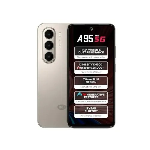 Itel A95 5G+ AI Smartphone | 6GB RAM + 128GB ROM | D6300 5G Processor | 6.7" HD+ Punch-Hole Display, 120Hz Refresh Rate | Dynamic Notch | 50MP Camera | IP54 Dust & Water Resistant | Calx Titanium