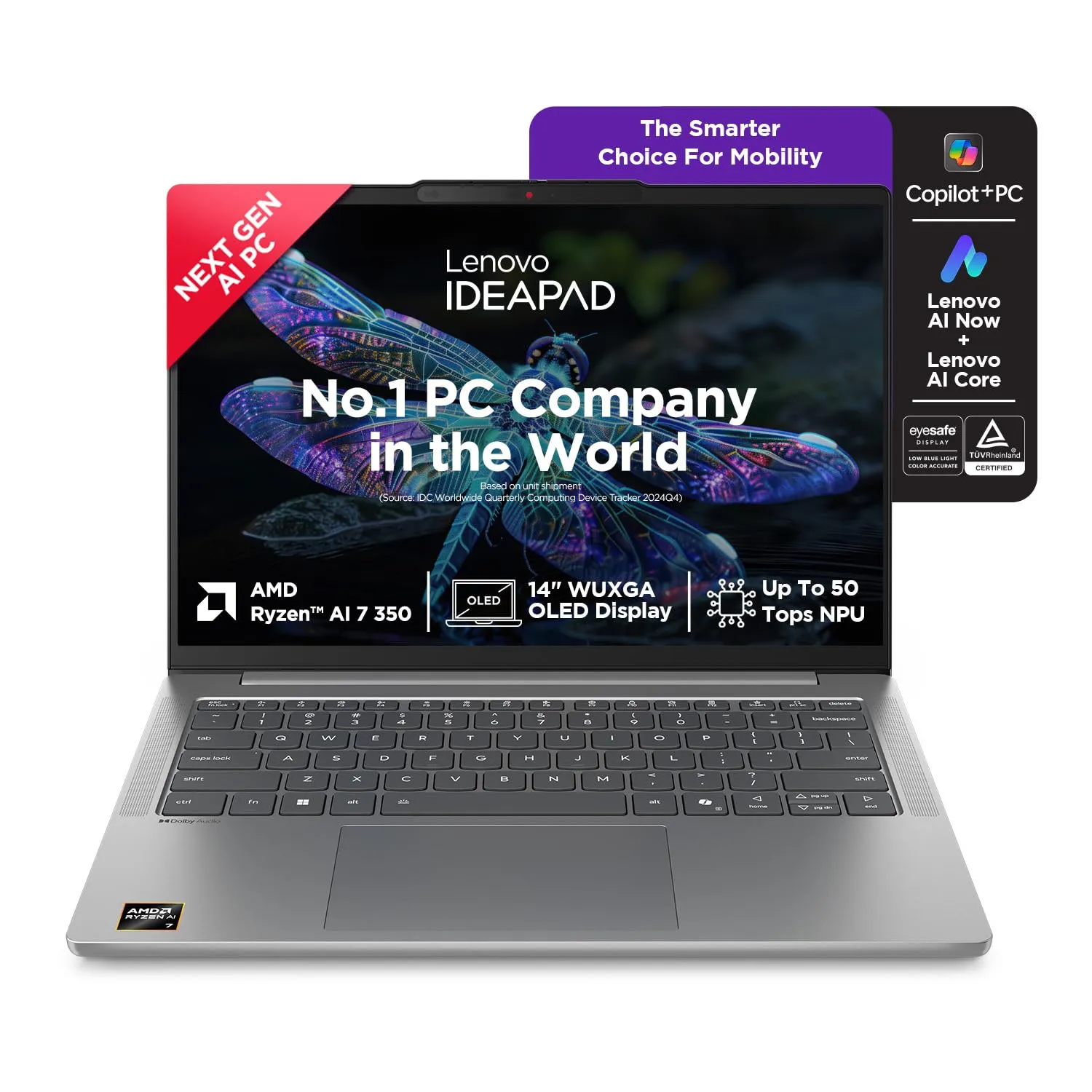 Lenovo IdeaPad Slim 5 AMD Ryzen AI 7 350, Copilot+ AI PC(24GB RAM/1TB SSD/14(35.5cm) WUXGA OLED/AI Now/50TOPS/Win 11/Office Home 2024/Backlit Keyboard) - 83HX001NIN AI Laptop
