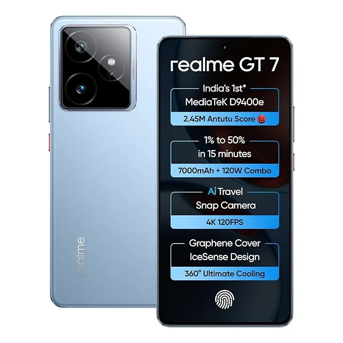 Realme GT 7 (IceSense Blue,16GB+512GB) | India's 1st MediaTek Dimensity 9400e Chipset | Strongest Battery Combo 7000mAh + 120W | AI 4K 120FPS Travel Camera | 360° Cooling IceSense Design with Graphene