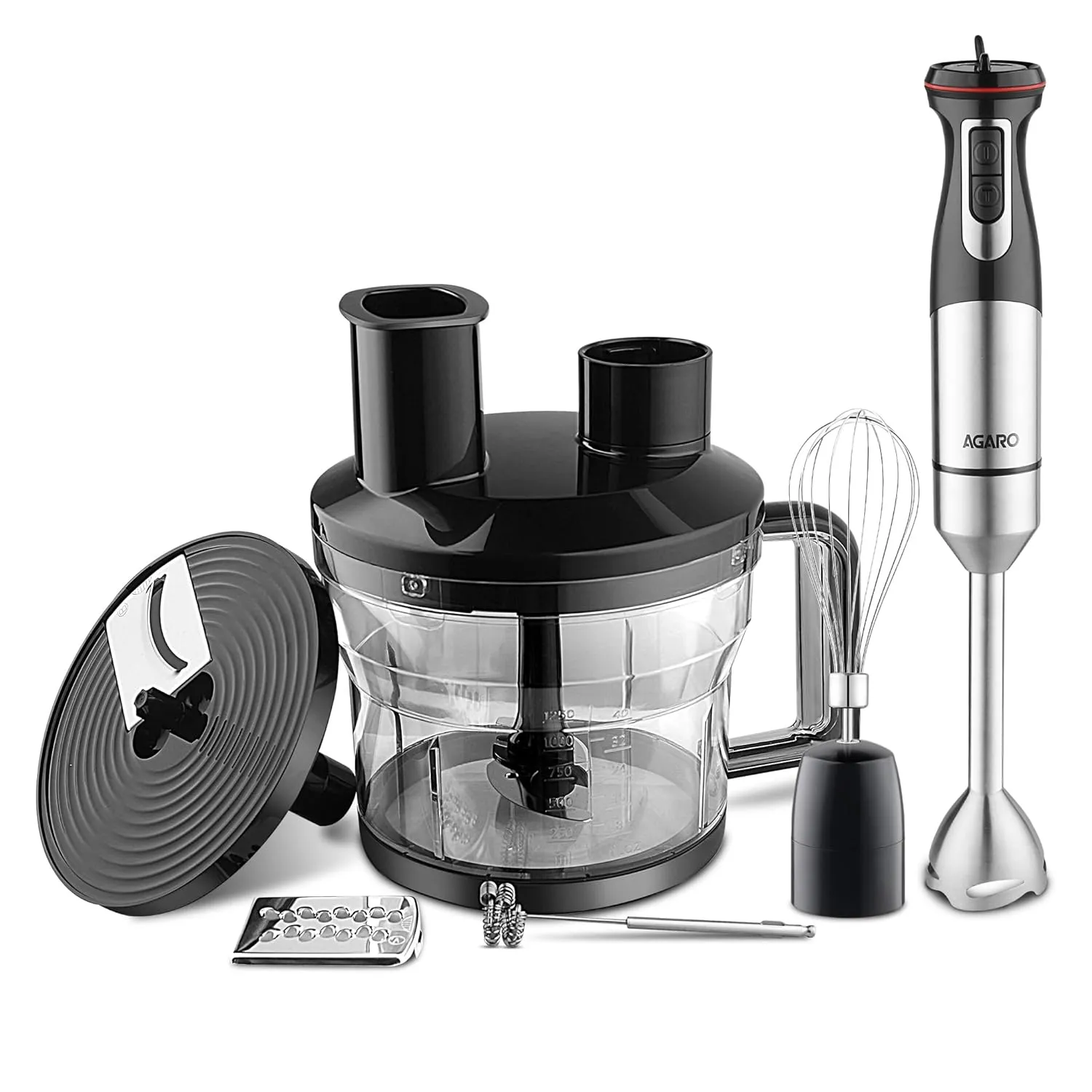 AGARO Grand Plus 6 in 1 Hand Blender 1000W, 100% Copper Motor, 2 Variable Speed Modes & Speed Regulator, Stainless Steel Blades, Chopper,Whisker,Multipurpose Jar, frother, slicer, shredder, Black