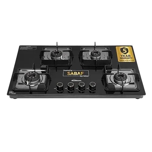 Sunflame 4 Burner Ultra-Slim Countertop Hob 80 cm Wide | Italian SABAF Valve | 5-Year Glasstop, Burners & Valve Coverage by Sunflame | Forged Brass Burners | Sturdy Pan Support with Flame Guard
