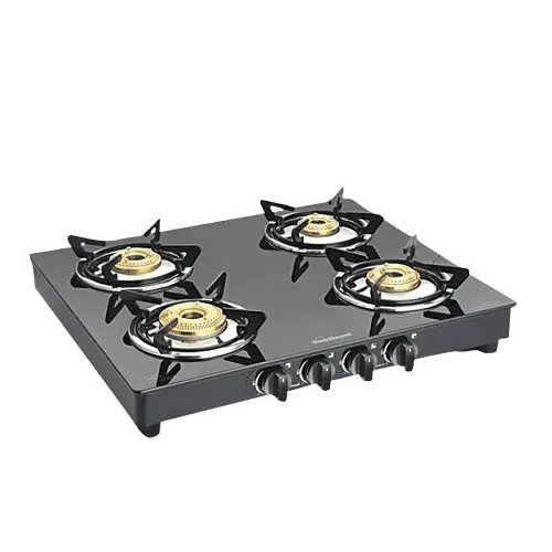 Sunflame PRIME 4B BK Toughened Glass Top 4 Burner Manual Gas Stove (Vitreous Enamelled Skirting, Black)