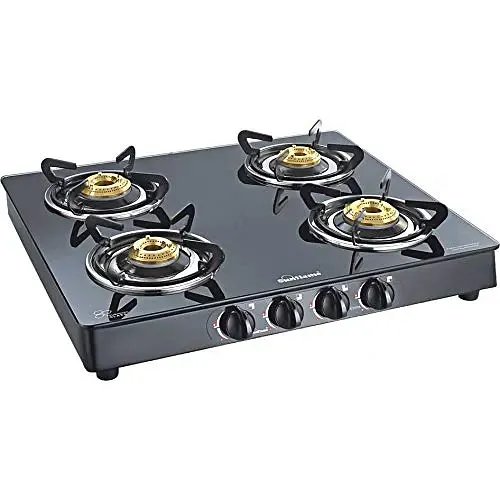 Sunflame GT Centa Mild Steel - Powder Coated AI Toughened Glass Top 4 Burner Auto Ignition Gas Stove (Black)
