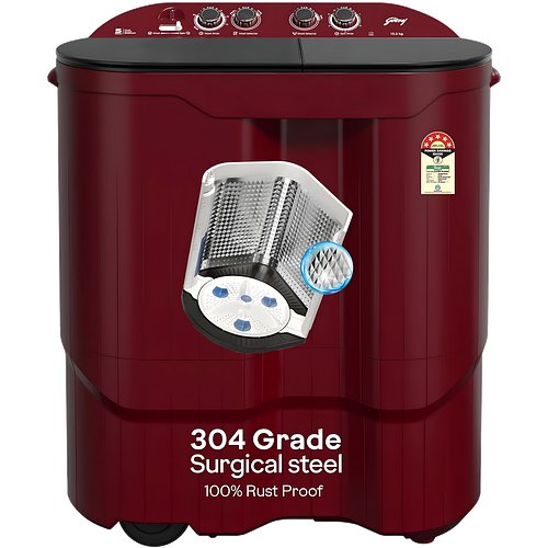 Godrej 10.5 Kg 5 Star Semi-Automatic Top Load Washing Machine With Toughened Glass Lid(WSEDGE JAZZ 105 5.0 DB3 M CSRD, Stainless Steel Drum, Drying at 1440 RPM Speed, Crystal Red)