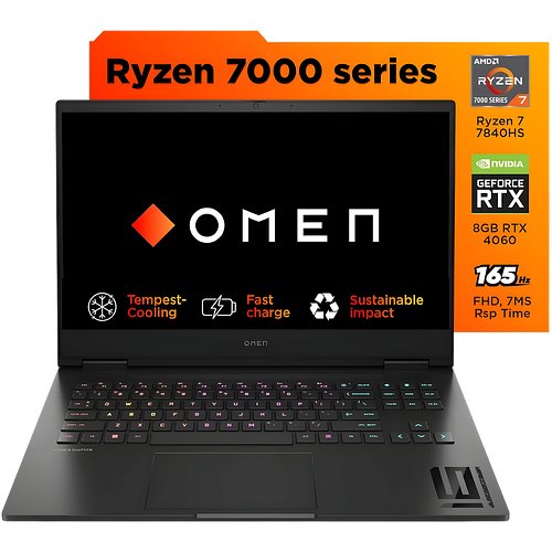 HP Omen, AMD Ryzen 7-7840HS, 6GB NVIDIA GeForce RTX 4050 Gaming Laptop (16GB RAM, 1TB SSD) 165Hz, IPS, 16.1"/40.9cm, Win 11, MS Office 2021, Black, 2.37Kg, RGB Keys, Tempest Cooling, xd0015AX