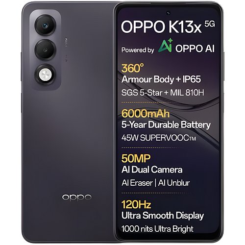 Oppo K13x 5G 6000mAh and 45W Supervooc Charger & AI (Midnight Violet, 128 GB) (4 GB RAM)