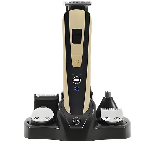 BPL Men's 10-in-1 Grooming Kit with Digital Battery Indicator, 70mins Cordless Usage, Fast Charging, 5-Heads & 5-Comb Length Adjustment, Detachable Heads for easy cleaning, 2 Years Warranty, Black and Light Gold (BBTD001GK)