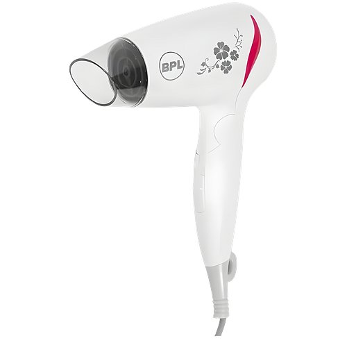 BPL 1200W Foldable Hair Dryer with Ionic Air Function For Fast Dry and Silky Hair, 3 Temperature Settings, Overheat Protection, Detachable Concentrator, 2 Years Warranty, White and Pink (BHDFI00312)