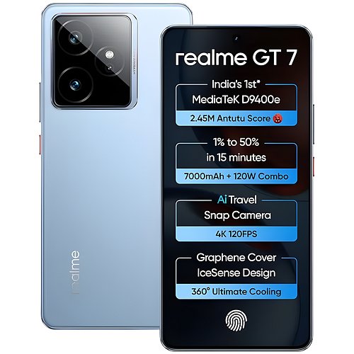 Realme GT 7 (IceSense Blue,12GB+256GB) | India's 1st MediaTek Dimensity 9400e Chipset | Strongest Battery Combo 7000mAh + 120W | AI 4K 120FPS Travel Camera | 360° Cooling IceSense Design with Graphene