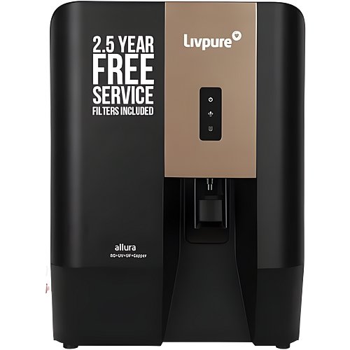 LIVPURE Liv-Allura 7 L RO + UV + Copper Water Purifier |NO SERVICE COST FOR 2.5 YEARS | 8 STAGE ADVANCED PURIFICATION | SUITABLE FOR ALL-BOREWELL, TANKER, MUNICIPALITY WATER (Black)
