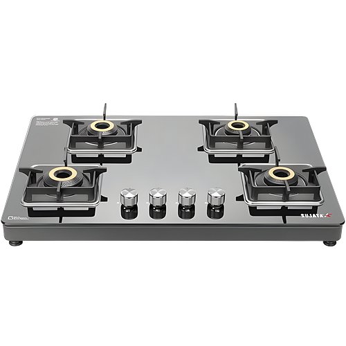 Sujata Premium Gas Stove | 9 Years Warranty | 4 Burner Gas Stove Glass Top, SABAF, ISI Certified, LPG & PNG Compatible, 360° Rotating Brass Gas Nozzle, Jumbo Brass Burner (Black)