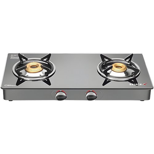 Sujata Standard Gas Stove 2 Burners | 9 Years Warranty | Stove 2 Burner, 2 Burner Gas Stove Glass Top, ISI Certified, SABAF Valve, LPG & PNG Compatible, 360° Nozzle (Black)
