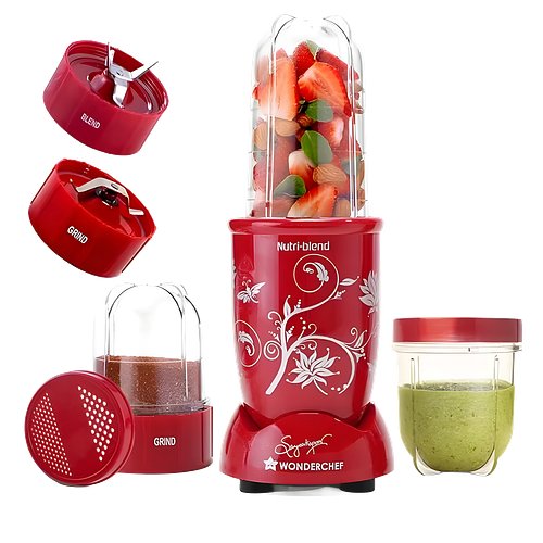 Wonderchef Nutri-blend 500W Mixer Grinder, 22000 RPM Motor, Smoothie Maker, Masala Grinder, Chutney Blender, 3 Unbreakable Jars & Sipper Jar, 2 Yr Warranty, Red