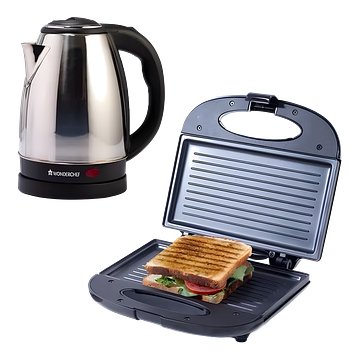 Wonderchef Prato Plus Griller (800 Watts) & Crescent Electric Kettle | Healthy Non-stick Aluminium Grill Plates | Sleek and Compact Design | 1.8 Litre Kettle Capacity | Boil Water in 5 Mins, Black