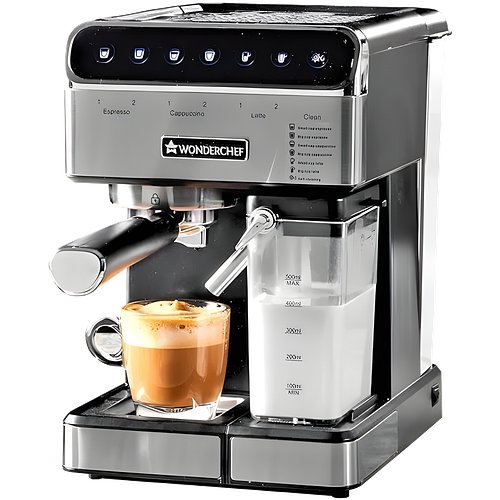 Wonderchef Regenta Automatic Coffee Maker, 20-bar with Auto-Frother, Make Espressos, Cappuccinos & Lattes at Home, With Steamer, Metal Porta Filter, Temperature Dial, 2 Years Warranty