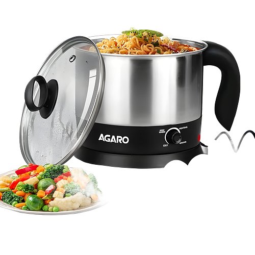 AGARO Esteem Electric Multi Kettle 1.2L, 600W, with Stainless Steel Body, Egg Rack, Grill Rack, 3 Heating Modes & Rapid Boil Technology, Boiling Water, Tea, Coffee, Oats, Noodle, Soup