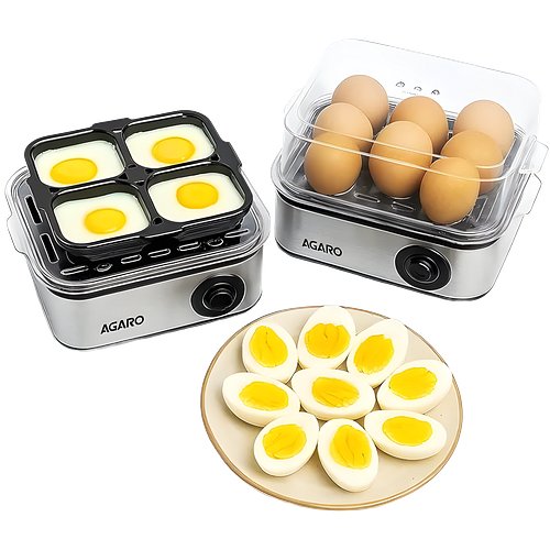 AGARO Grand Egg Boiler And Poacher, 2-in1 Boils 8 Eggs, Poach 4 Eggs, Steamed Vegetables, 3 Boiling Types, Stainless Steel Body, Transparent Lid, 500W, Silver
