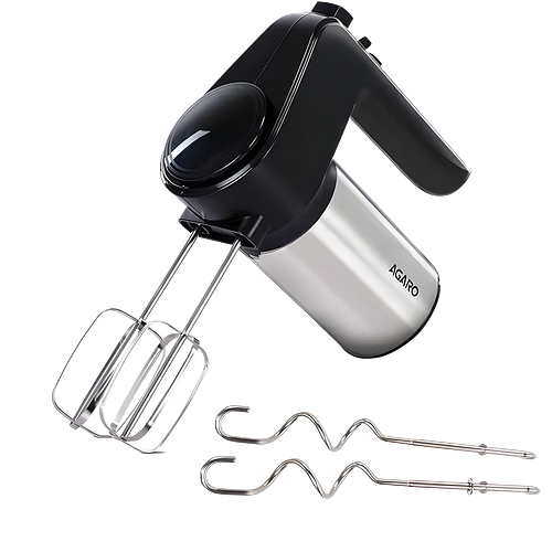 AGARO Elegant Hand Mixer, 300 Watts, Stainless Steel, 6 Interchangeable Speed Settings, Turbo Function, Interchangeable Beaters and Dough Hook Accessories for Mixing, Whisking, Beating, Kneading