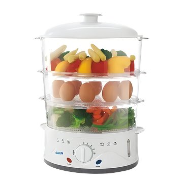 Glen Electric Food Steamer 900w with 60 Minute Timer, 3 Food Grade Containers - White (3052)