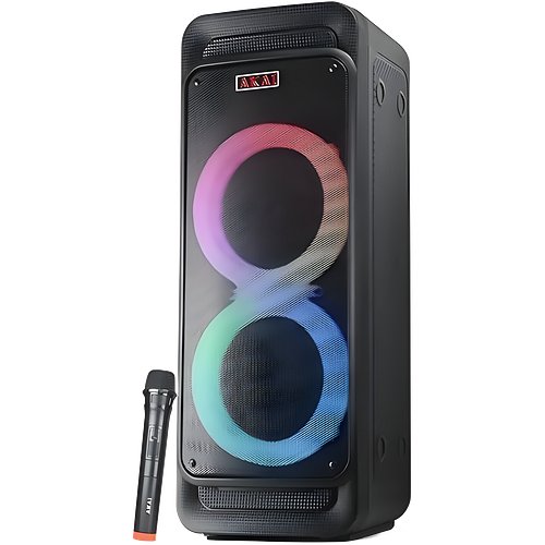 AKAI PM-80P PartyMate Pro Speaker 80 Watts|Wireless Bluetooth Speaker|LED Light Show|Karaoke Support with Wireless Mic|Portable Outdoor Party Tower Speaker|8 Hours Playtime|AUX, USB, FM (Black)