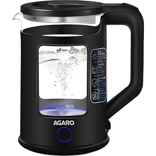Agaro Galaxy Electric Kettle with Keep Warm Function, BPA Free PP Plastic & Glass body, Double Wall Design, Bicolor LED, 1.5L, Hot Water Kettle with Auto Shut-Off and Boil Dry Protection, Black