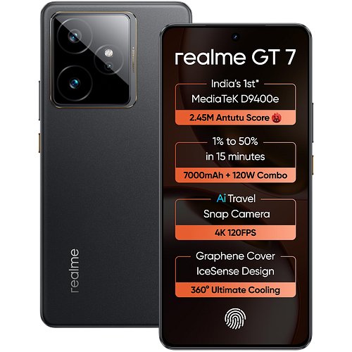 Realme GT 7 (IceSense Black,12GB+256GB) | India's 1st MediaTek Dimensity 9400e Chipset | Strongest Battery Combo 7000mAh + 120W | AI 4K 120FPS Travel Camera | 360° Cooling IceSense Design with Graphene