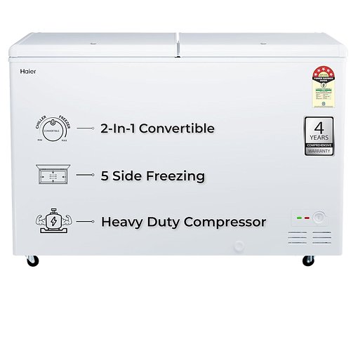 Haier HFC-500DPW5, 5 Star (2026 Star Rating) Double Door Convertible Deep Freezer, 5 Side Freezing, Dual Condenser, Inside Metal Liner with 70mm Puff Thickness (White)