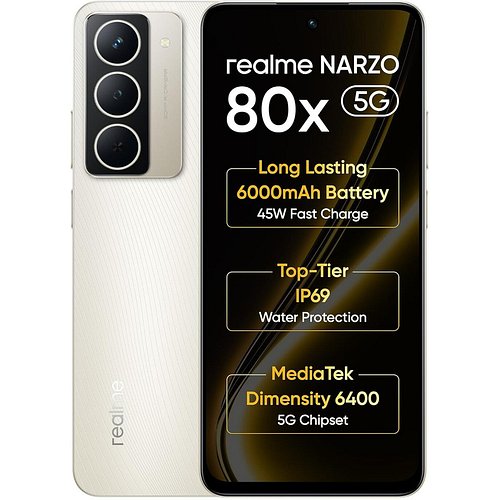 Realme Narzo 80x 5G (Sunlit Gold,6GB+128GB) | Dimensity 6400 5G Chipset | 6000mAh Long-Lasting Battery | 45W Fast Charge | 120Hz Eye Comfort Display | IP69 Top-Tier Waterproof