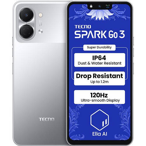 Tecno Spark Go 3 (Titanium Grey, 4GB+64GB | Super Durability Drop Resistant & IP64 Rated| Make Calls Without Network* |Ella Al in Your Own Language| Super Smooth 120Hz 6.74" Display |5000mAh Battery