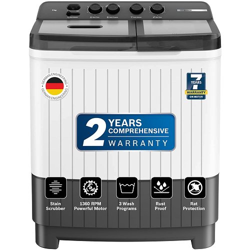 Bosch 8 kg 5 Star Semi-Automatic Top Loading Washing Machine (2024 Model,WJZ801WOIN/2026, 3 Wash Programs, Anti-Rust Body, 1300 RPM Spin Speed, White, 2 Years Comprehensive Warranty)