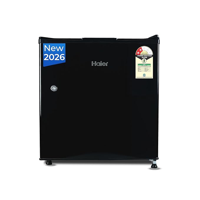 Haier 50L Direct Cool Mini Bar Single Door 2 Star with Freezer Box, Easy & Safe Clean back, LED Light, Lock & Key for Safety (HRD-752KSA, Black Steel, 2026 Model)